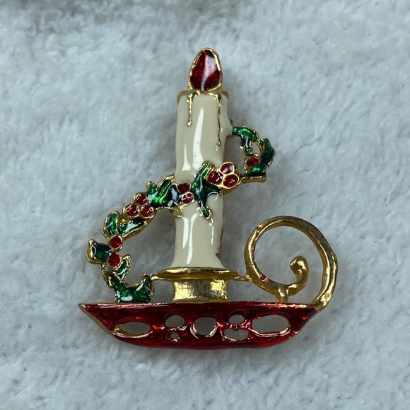 Candle Holder Holly Garland Christmas Pin Brooch Holiday Wear - Picture 2 of 10